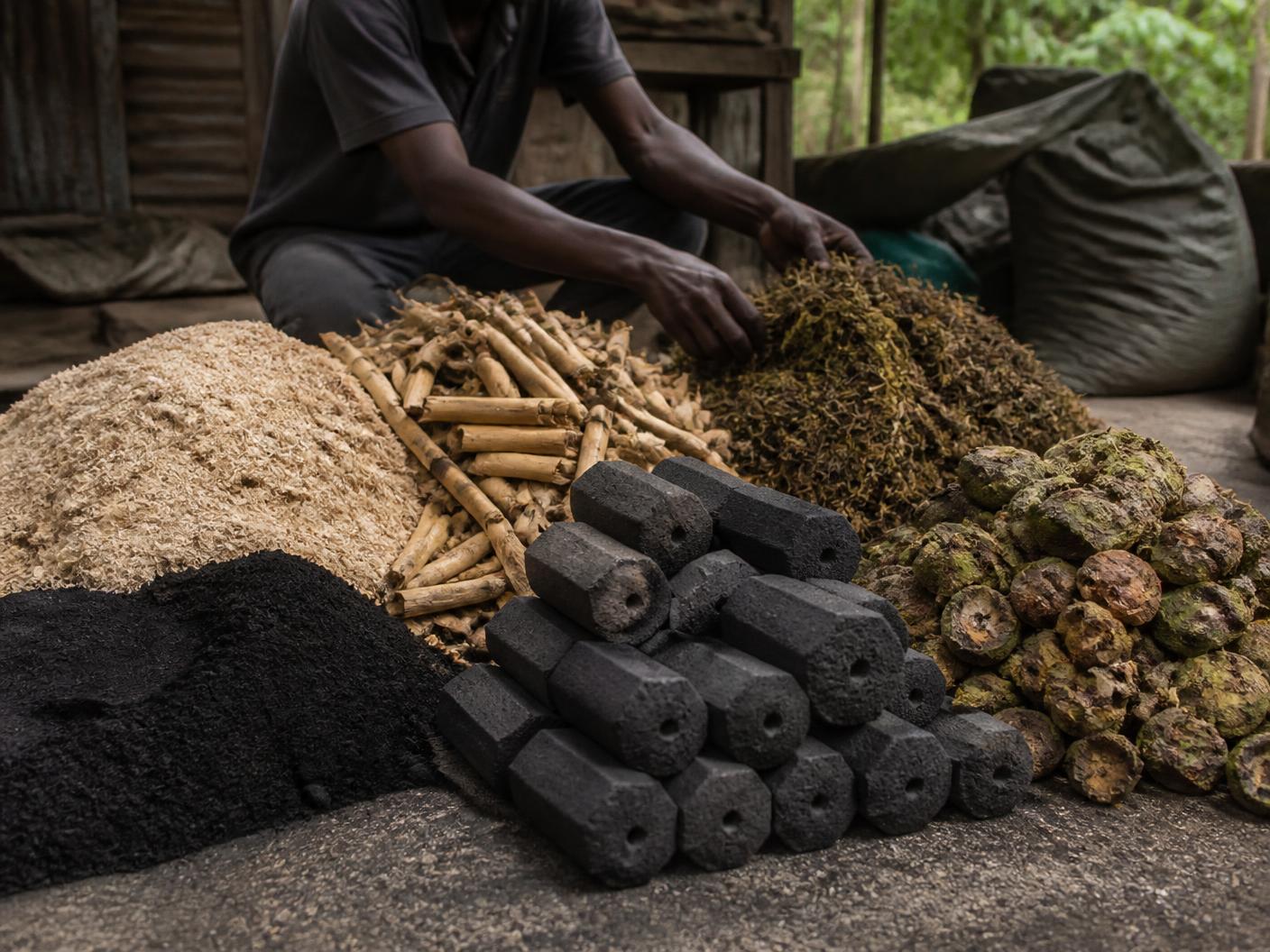Biomass waste materials and finished briquettes in Kenya